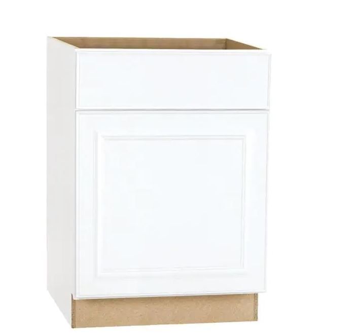 Photo 1 of Hampton Satin White Raised Panel Stock Assembled Base Kitchen Cabinet with Drawer Glides (24 in. x 34.5 in. x 24 in.) FACTORY SEALED 

