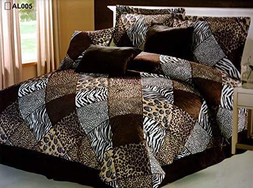 Photo 1 of 7 Piece (California) Cal King Safari Comforter Set - Zebra, Giraffe, Leopard, Tiger Etc - Multi Animal Print Bed in a Bag Brown Beige Black White Micro Fur Bedding