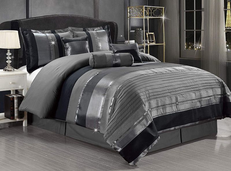 Photo 1 of 7-Piece (California) Cal King Size Chenille/Woven Jacquard Bedding Grey/Gray Silver Stripe Overize Comforter Set Bed in a Bag