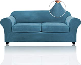 Photo 1 of 3 Pieces Sofa Covers Stretch Velvet Couch Covers for 2 Cushion Sofa Slipcovers Soft Sofa Slip Covers Furniture Covers with 2 Individual Seat Cushion Covers, Machine Washable (Medium-Large, Blue)
