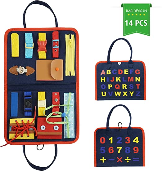 Photo 1 of Busy Board for Kids Ages 1-6, Montessori Early Education Activity Toddler Toys for Learning Basic Skills, Dress Up and Alphabet Spells, Bag Designed for Boys, Girls and Kids
