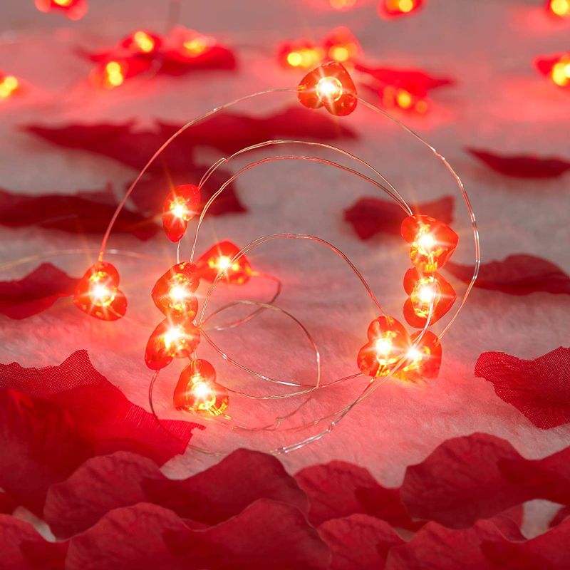 Photo 1 of 10 Feet 40 LED Heart Shaped String Lights with 2000 Pieces Artificial Rose Petals Red Fake Romantic Petals Valentine Heart Fairy Lights for Wedding, Anniversary, Valentine's Day, Party Decoration
