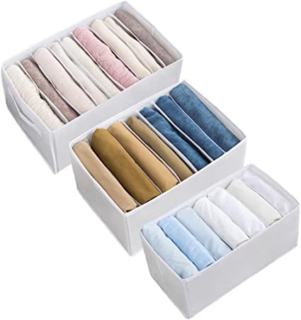 Photo 1 of 3 Set Cloth Drawer Organizer PVC Nylon Fabric Foldable Wardrobe Clothes Organizer Closet Compartment Dividers Clothes Collapsible Organization for T-shirt Jeans Pants (White)
