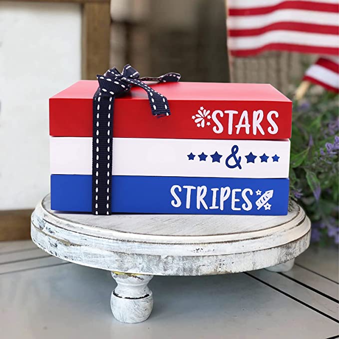Photo 1 of 4th of July Mini Wood Book Stack Patriotic Decorative Farmhouse Tiered Tray Decor for Home Americana Memorial Day Decor Kitchen Shelf Mantel Rustic Faux Book Veterans Day Decor-Veterans Day Gifts
