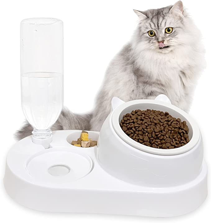 Photo 1 of 3 in 1 Dog Cat Bowls Ceramic Pets Water and Food Bowl Set 15° Tilted Ceremic Water and Food Bowl Set with Automatic Waterer Bottle for Small or Medium Size Dogs Cats
