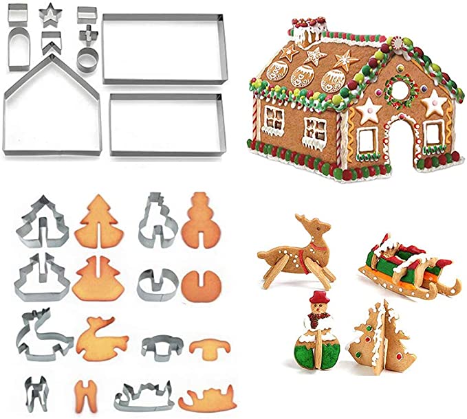 Photo 1 of ?18Pcs?Christmas House Cookie Cutter Set, 3D Gingerbread House Cutters Kit, Christmas House Biscuit Cookie Mold, Christmas Holiday DIY Baking Tools with Christmas Tree, Snowman, Reindeer, Sled Shapes
