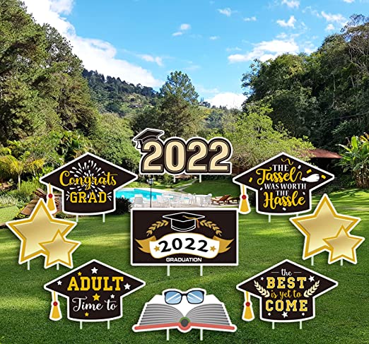 Photo 1 of 2022 Graduation Yard Signs, 9 Pack Outdoor Lawn Decorations with Stakes, Black Gold Congrats Grad Weatherproof Corruqated Plastic Lawn Letters Set for 2022 Graduation Party Yard Garden Backdrop Decor
