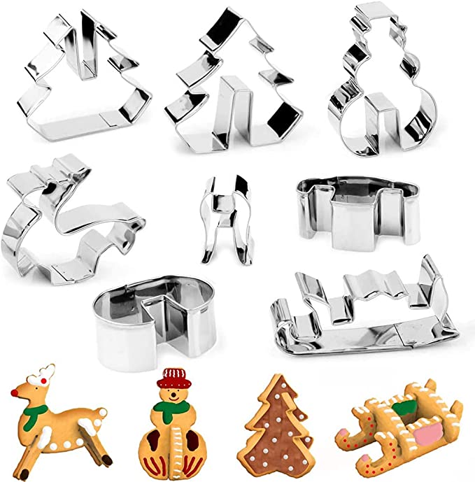 Photo 1 of 8Pcs Christmas Cookie Cutter Set, 3D Christmas Biscuit Cookie Mold, Christmas Cake Fondant Chocolate Cutters, Christmas Holiday DIY Baking Tools with Christmas Tree, Snowman, Reindeer, Sled Shapes
