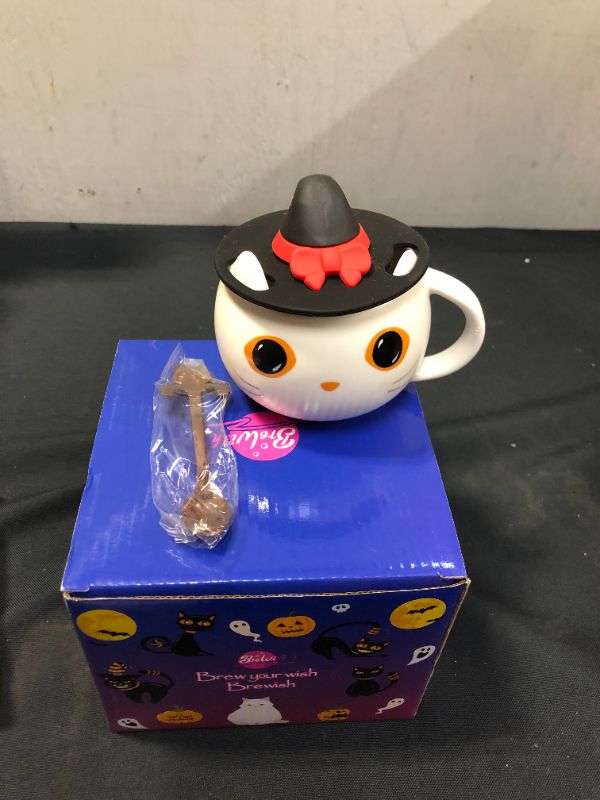 Photo 2 of Brewish Cat Mug for Kitty Lovers | Cute Cup with a Witch Hat Lid & an Adorable Spoon | Ceramic Coffee & Tea Mugs | Gift for Cat Mom, Dad, Women, Kids | 12 oz,White

