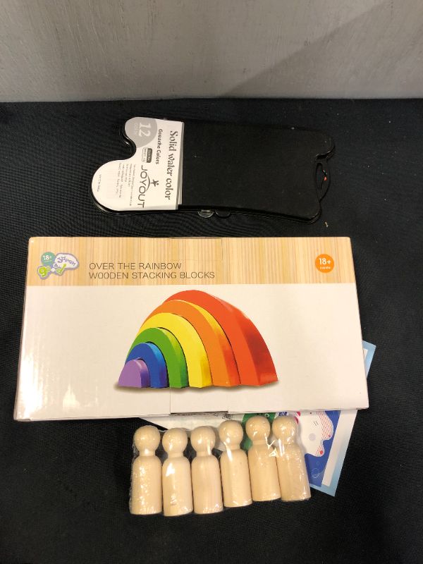 Photo 2 of JOYOUT Children’s Rainbow Stacking Blocks Set: Toddlers’ 6 Wooden Rainbow Stacker Nesting Puzzle Pieces Plus 6 DIY Dolls, 12 Paints, Brush, Palette
