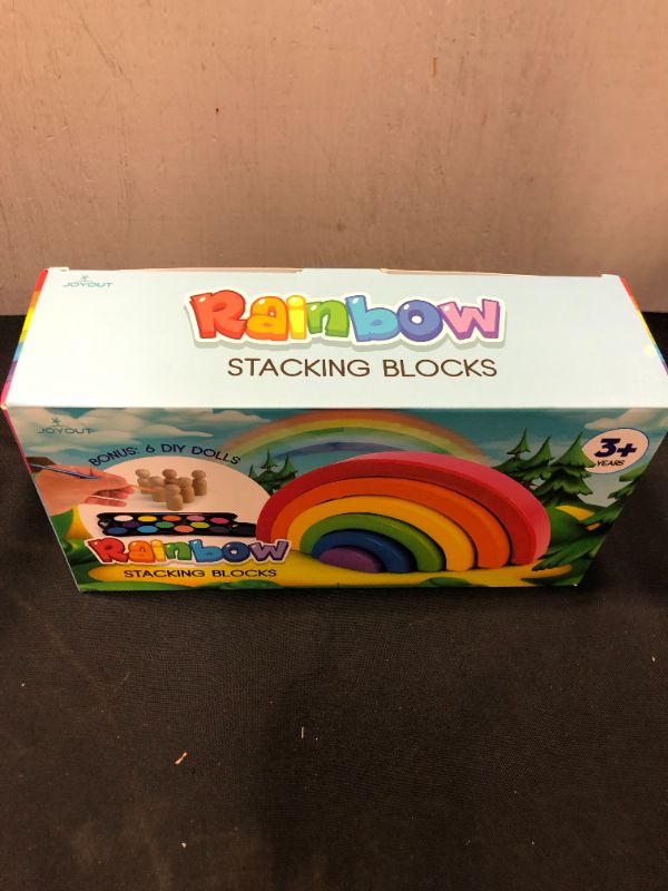 Photo 3 of JOYOUT Children’s Rainbow Stacking Blocks Set: Toddlers’ 6 Wooden Rainbow Stacker Nesting Puzzle Pieces Plus 6 DIY Dolls, 12 Paints, Brush, Palette
