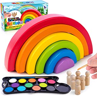 Photo 1 of JOYOUT Children’s Rainbow Stacking Blocks Set: Toddlers’ 6 Wooden Rainbow Stacker Nesting Puzzle Pieces Plus 6 DIY Dolls, 12 Paints, Brush, Palette
