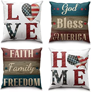 Photo 1 of Alloirl 4th of July Decorations Pillow Covers 16x16 Set of 4, Memorial Day Decorations, Patriotic Decorations for Home, Freedom God Blessd American Pillow for Couch Bedroom Living Room Outside
