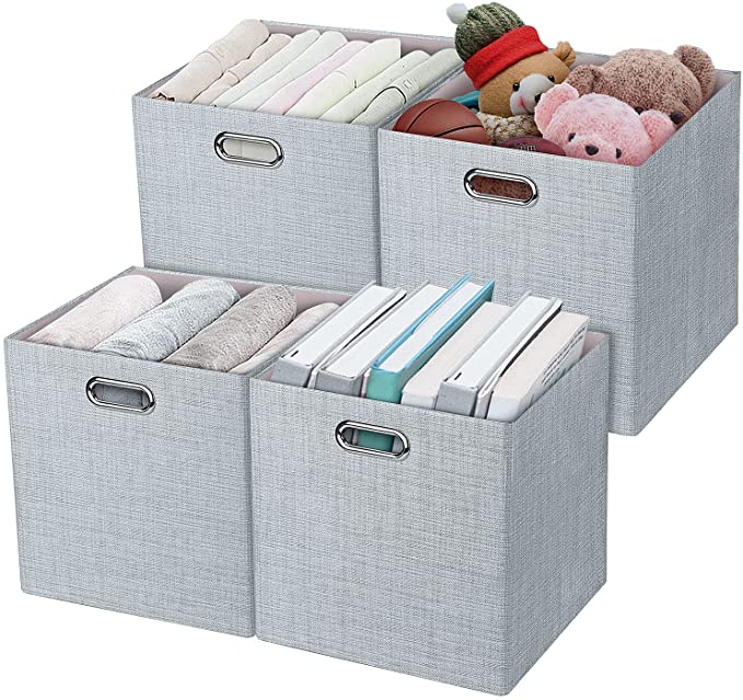 Photo 1 of 3X Thicker Fabric Storage Cubes 13 inch Collapsible Storage Bins for Organization, Cubby Storage Baskets for Organizing Shelf Cabinet Bookcase Boxes, Set of 4, Sliver Grey
