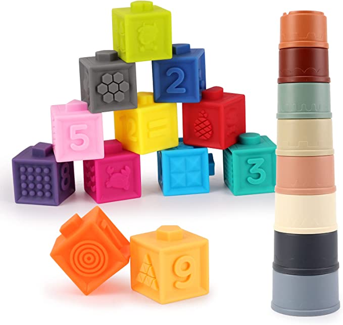 Photo 1 of 2 in 1 Baby Stacking Toy Set - Baby Soft Blocks 12 PCS & Stacking Cups 8 PCS, Montessori Toys for Babies 6 to 12 Months, Soft Stacking Blocks, Toddler Stacking Toy 1-3, Developmental Toys 6-12 Months
