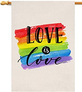 Photo 1 of BLKWHT Love is Love Rainbow House Flag Gay Pride Lesbian LGBT Vertical Double Sided Summer Fall Farmhouse Burlap Yard Outdoor Decor 28 x 40 Inch (161963)
