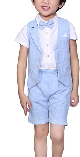 Photo 1 of 4PCS KIDS BOYS SUITS GENTLEMAN SUMMER OUTFIT VEST, SHORT SLEEVE SHIRT, BOWTIE PANTS SET (SIZE 4)