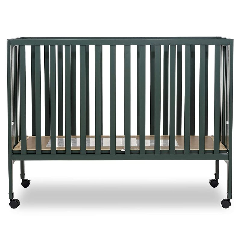 Photo 2 of Dream On Me Quinn Full-Size Folding Crib I Removeable Wheels I Modern Nursey I Adjustable Mattress Support I Patent Folding System, Olive
