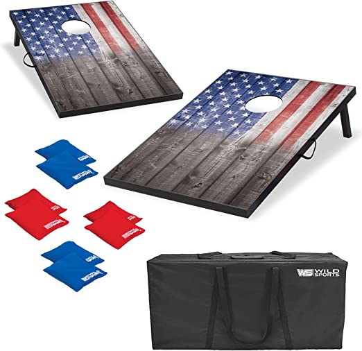 Photo 1 of Wild Sports 2’x3’ or 2’x4’ Cornhole Outdoor Game Set, USA Flag or Natural Wood Options with Carry Bag Included – Perfect for Backyard, Beach, and Tailgates, Add On Extra Bags
