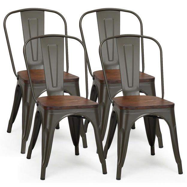 Photo 1 of Costway Set of 4 Tolix Style Metal Dining Side Chair Wood Seat Stackable Bistro Cafe New
