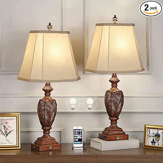 Photo 1 of 29.5"H Touch Control Traditional Table Lamp Set of 2,Vintage Bedside Lamp Nightstand Lamps with Dual USB Ports,3-Way Dimmable Hollow Out Leafwork Bronze Wood Finish Desk Lamps for Living Room,Bedroom
