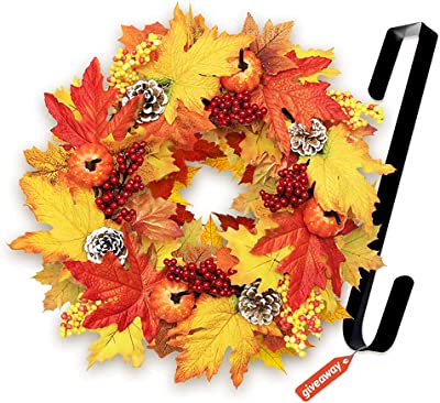 Photo 1 of Halafs 22 Inch Fall Wreaths for Front Door, Front Porch Wall Decor with Pumpkin Maples Leaf Pine Cone Berry, Autumn Wreath for Gift, Harvest Festival Wreaths, Halloween Thanksgiving Decoration
