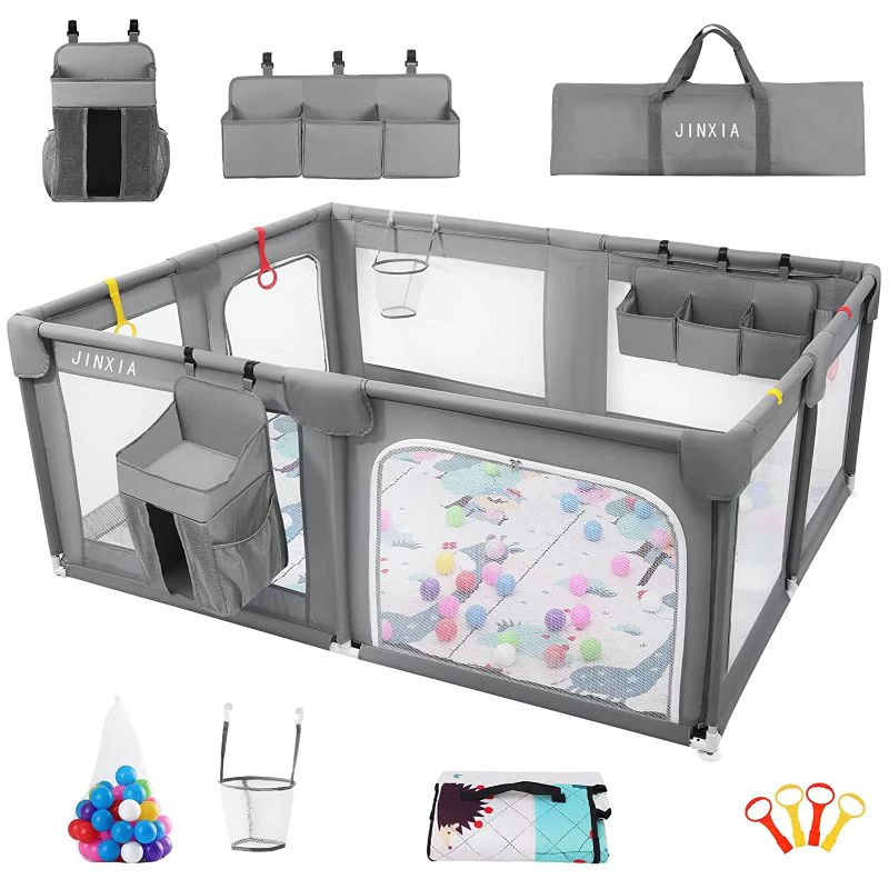 Photo 1 of Baby Playpen Set(Grey 75”×59”), playpen for Babies and Toddlers, Portable Extra Large Baby Fence Area with Anti-Slip Base, Safety Play Center Yard Home Indoor & Outdoor with Play Mat
