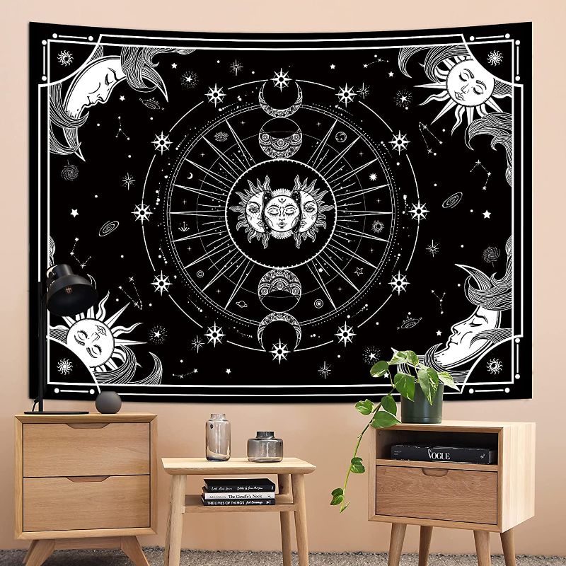 Photo 1 of Burning Sun with Star Psychedelic, Sun and Moon Tapestry, Black and White Tapestry, Wall Hanging Tapestry, Tapestry for Bedroom, Living Room, Dorm Décor (59.1"*78.7"Without Light)
