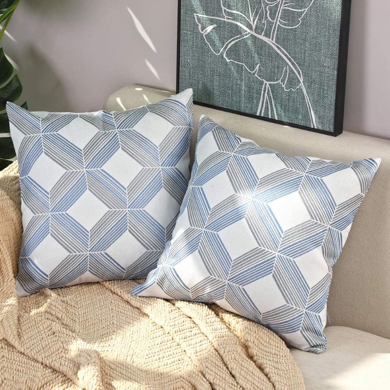 Photo 1 of Btyrle Geometric Throw Pillow Covers Set of 2 Decorative Square Jacquard Cushion Covers for Sofa Couch,16x16 inch,Blue,45x45cm
