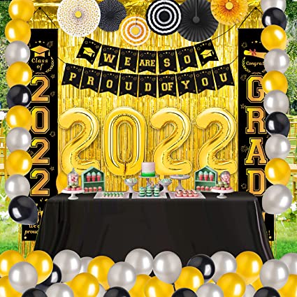 Photo 1 of 2022 Graduation Decorations kit -black and gold Graduation Party Decorations Supplies,Congrats Grad Banners,Balloons, Porch Sign,Foil Curtains,Huge 2022 School Graduation Party Set,48 Pcs
