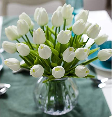 Photo 1 of 30pcs Real Touch Tulips PU Artificial Flowers, Fake Tulips Flowers for Arrangement Wedding Party Easter Spring Home Dining Room Office Decoration. (White, 14" Tall)

