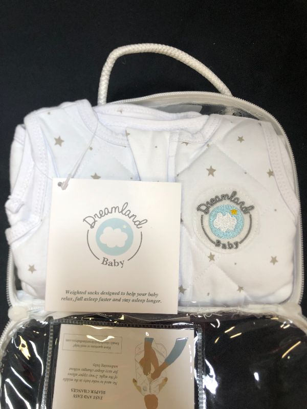 Photo 3 of Dreamland Baby Weighted Sleep Sack | Gently Weighted Sleep Sack | 100% Natural Cotton | 2-Way Zipper | Machine Washable and Dryable | White with Gray Star, MD (6-12 Mo.)
