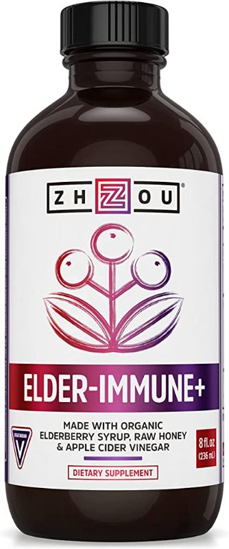 Photo 1 of Zhou Nutrition Elderberry Syrup, Immune System Booster with Organic Elderberry Syrup, Raw Honey Apple Cider Vinegar, 8 fl oz

