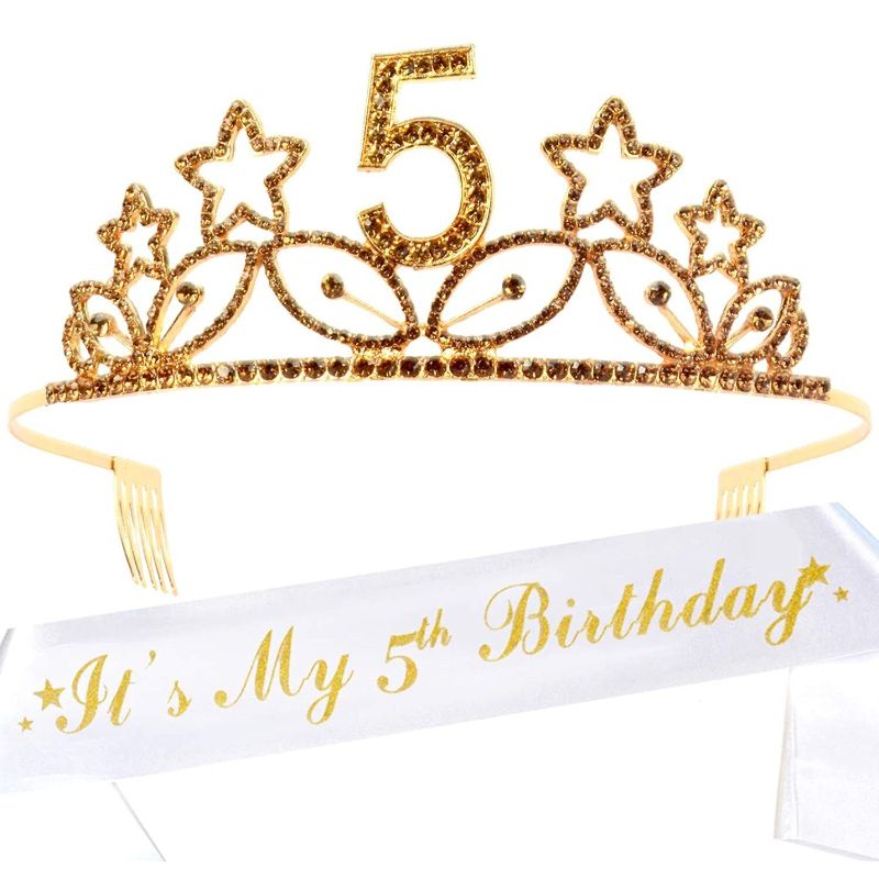 Photo 1 of 5Th Birthday Gifts For Girl, 5Th Birthday Tiara And Sash Gold, Happy 5Th Bi?
