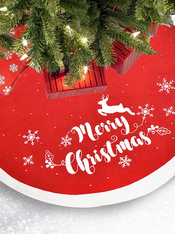 Photo 1 of Al Faro Home Red Velvet Christmas Tree Skirt for Home Decoration - Big Plush Christmas Tree Carpet Faux Fur - 48 Inch Xmas Tree Skirt with Deer Design, White, Red, xsSkirt