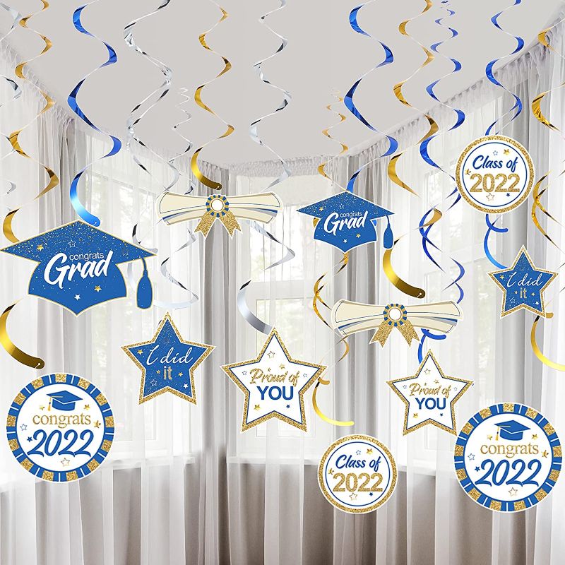 Photo 1 of 48 Pieces Graduation Party Decorations Kit Class of 2022 Hanging Swirls Ornament Congrats Grad Foil Swirls Party Ceiling Decorations 2022 Graduation Party Decor Grad Party Supplies (Blue) 2 Packs