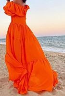 Photo 1 of VERWIN Ankle-Length Three-Quarter Sleeve Patchwork Off Shoulder Women's Maxi Dress Beach Dress , Orange Red , Size M