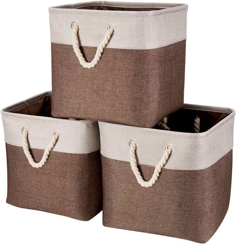 Photo 1 of 3Pack Large Foldable Storage Bins?Collapsible Sturdy Cationic Fabric Organizing Storage Basket Cube with Cotton Handles for Home Office Shelf Clothes Toys Beige-Brown