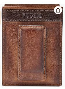 Photo 1 of Fossil Men's Leather Minimalist Magnetic Card Case with Money Clip Front Pocket Wallet -- Metal Box Slightly Damaged , Wallet Good --