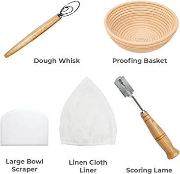 Photo 2 of 9 inch Banneton Bread Proofing Kit : Sourdough Bread Maker Danish dough Whisk Large Wicker Basket + Bread Scorer Lame + Dough Scraper Tool + Linen Liner Cloth + Banneton Proofing Basket

