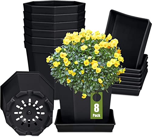 Photo 1 of 4 Inch Plastic Plant Pots, wiwoo Set of 8 Small Flower Pots with Drainage Holes and Saucers for Mini Plants Flowers House Indoor Decoration (Black)
