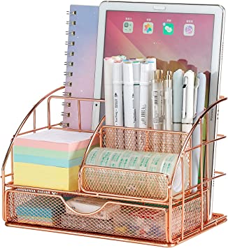 Photo 1 of Rose Gold Desktop Storage Box with Drawers, Mesh Desk Organizer and Accessories, Used for Home, School, Cosmetics Desktop Organization and Decoration (Rose Gold)
