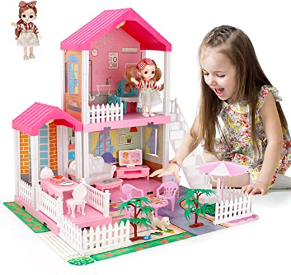 Photo 1 of Mini Tudou Dollhouse Dreamhouse for Girls, Doll House with Lights, Play Mat and Dolls, DIY Building Pretend Play House with Accessories Furniture and Household Items,Playhouse for Girls 3-12 (3 Rooms)
