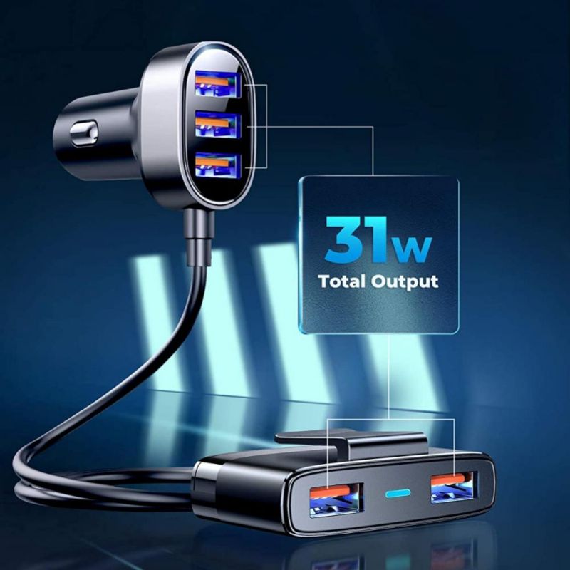 Photo 1 of 5 Multi Ports Car Charger, Car Charger Adapter, 31W High Power Car Charger for Smart Phone, 5V 1.5-6.2A(Max) Multi USB Car Charger with 5FT Cable for Back Seat Charging
