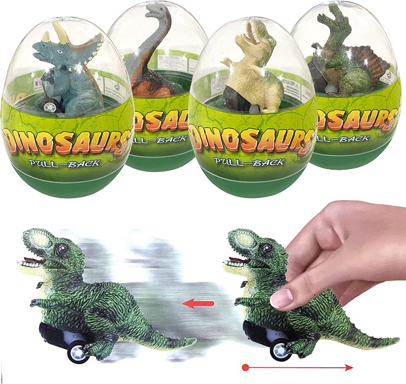 Photo 1 of 4 Pack Jumbo Eggs with Dinosaur Pull Back Cars Easter Party Favors for Kids Toddlers Easter Basket Stuffers DINOSAUR MAY VARY 