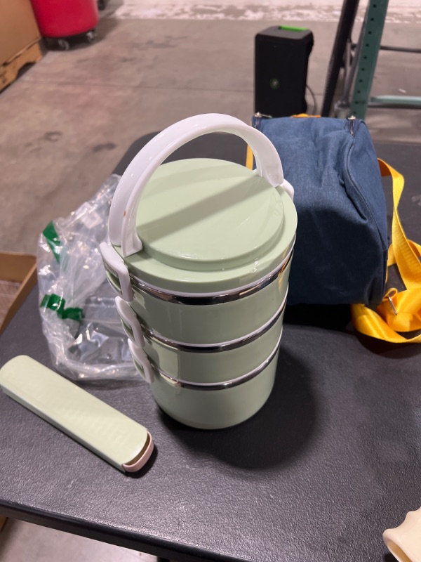Photo 1 of 3 Layer Stainless Steel Leakproof Lunch Box, Portable Carry Hand Food Storage Container for Work Lunches, Picnic, Travel, Camping with Lunch Bag GREEN 
