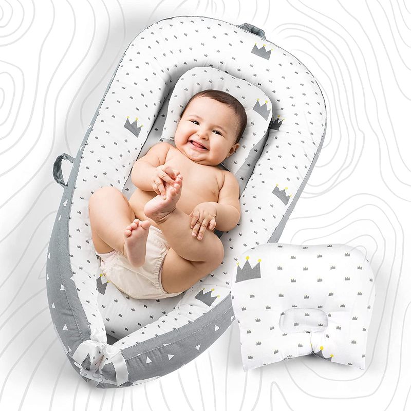 Photo 1 of Uaugh Baby Lounger with Pillow, 100% Soft Breathable Cotton Baby Nest Perfect for Tummy Time, Portable & Adjustable Infant Floor Seat for Traveling|Newborn Shower Gift Essential for 0-9 Months (Crown)