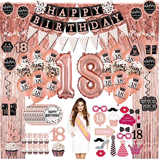 Photo 1 of 18th Birthday Decorations for Girls - (76pack) Rose Gold Party Banner, Pennant, Hanging Swirl, Birthday Balloons, Foil Backdrops, Cupcake Topper, Plates, Photo Props,Sash,Happy 18th Birthday Gifts