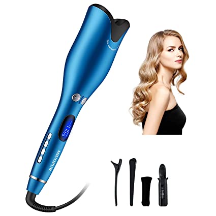 Photo 1 of Automatic Hair Curling Iron with Ceramic Ionic Barrel, Smart Anti-Stuck, Auto Rotating Hair Curling Wand with Temperature Display and Timer- Blue