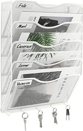 Photo 1 of EasyPAG Wall File Organizer 5 Pocket Vertical Mesh Hanging File Folders Holder Paper Rack with Key Hooks for Office Home | Writting Label Included,White